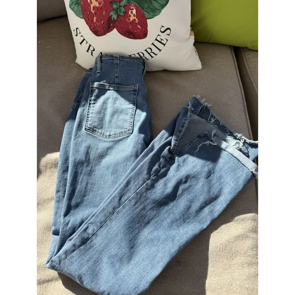 Free People Women's Blue Denim Flare Jeans Frayed Hem Size 29